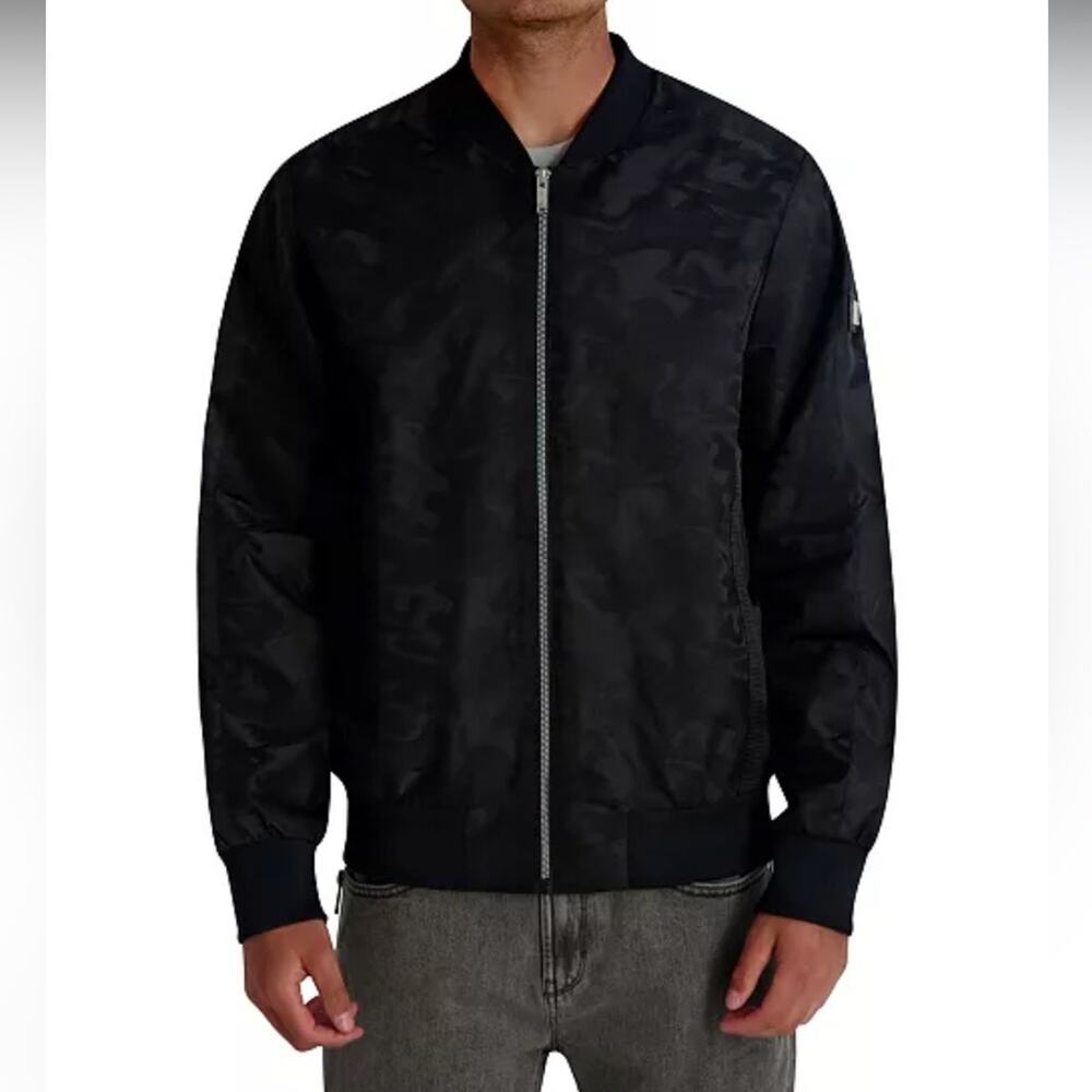 KARL LAGERFELD PARIS Men's Tonal Black Camo Bomber Utility Jacket Size XL